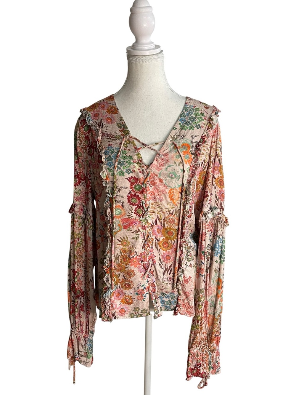 Ted Baker Marrlaa Ruffled Floral Lace-Up Blouse Top Pink